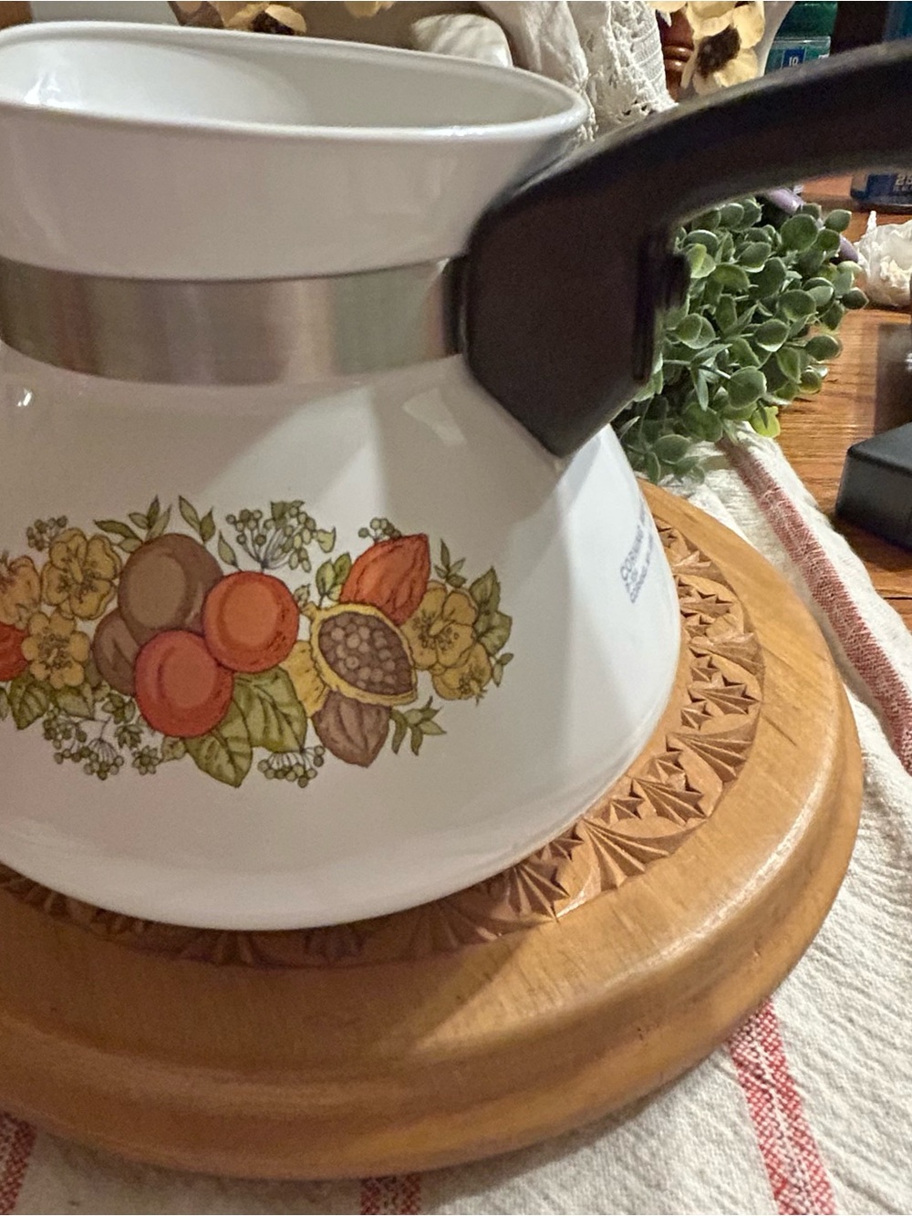 Corningware White Enamel Kettle with Fruit Floral Decal and Black Handle
